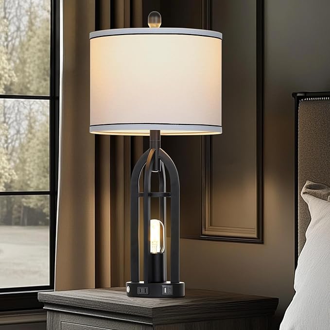 27" Tall Vintage Table Lamp with USB C+A & Outlet,Black Industrial End Table Lamp for Living Room,Farmhouse Rustic Bedside Lamps with Night Light for Bedroom Nightstand,Black（2 LED Bulbs Included） - Bloomnest