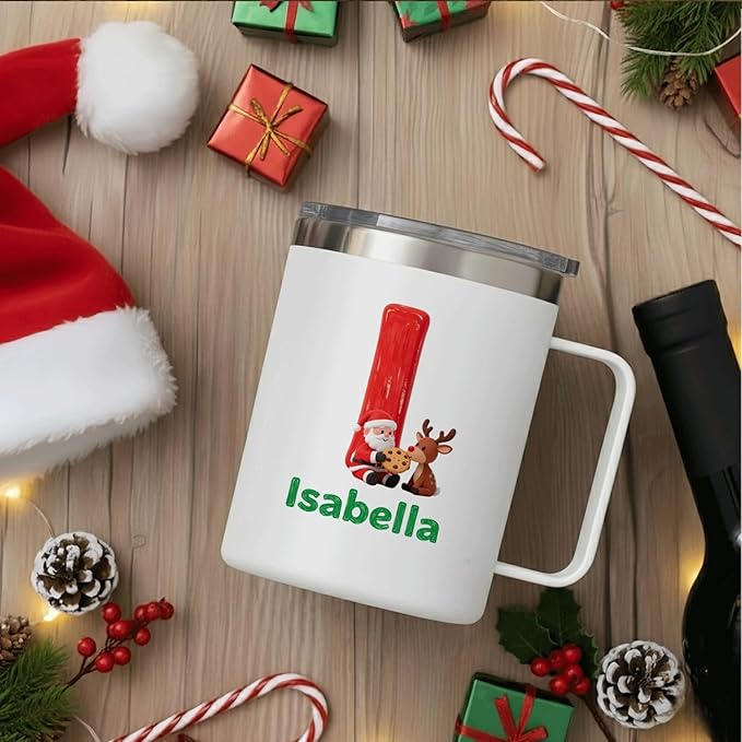 Personalized Christmas Insulated Coffee Mug with Handle – Custom Initial Letter [I] Double Wall Stainless Steel Travel Tumbler for Drinks – Unique Holiday Gift for Men, Women, & Kids(B115) - Bloomnest
