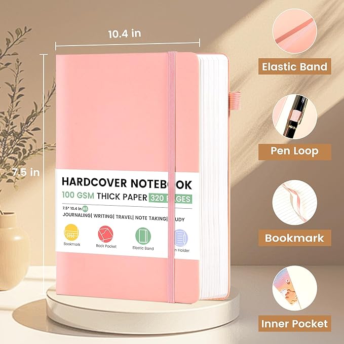CAGIE Lined Journal Notebook, 320 Pages College Ruled Notebook, 100 Gsm Paper Thick Journal, B5 Hardcover Leather Journals for Writing Women, 7.6x10 In, Pink - Bloomnest