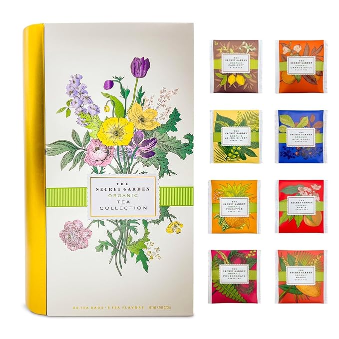 Premium Organic Tea Bag 80 Pack Sampler Designer Tin Book Gift Set 10 Per Flavor Assorted Variety Exotic Fruit Herbal Black And Green Teas Individually Wrapped (8 Flavors) - Bloomnest