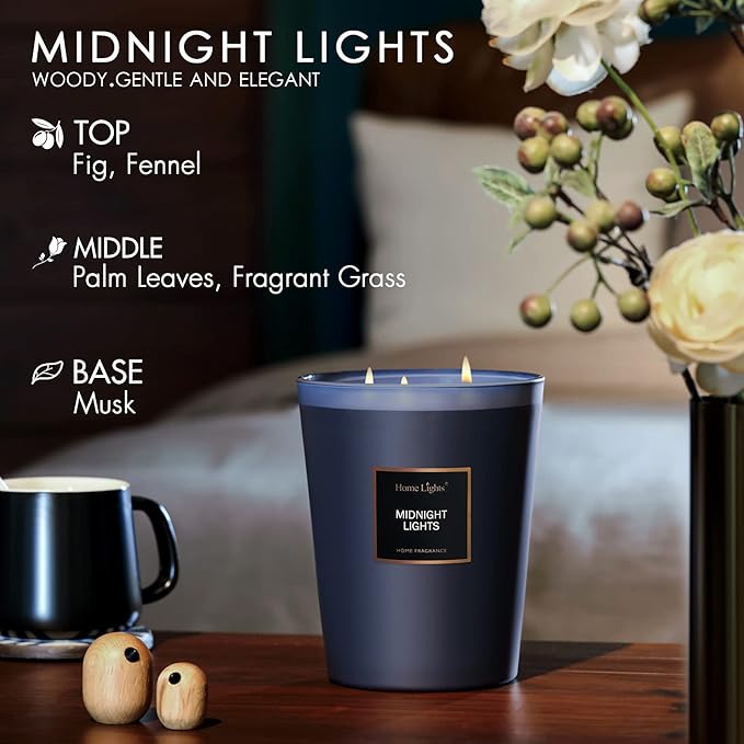 HomeLights Highly Scented Soy Candles Big 33.3 oz for Home. 3 Cotton Wicks, Smokeless Long Lasting 130 hrs in Midnight Lights. 5x6, Great Gift for Women & Men - Bloomnest