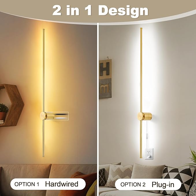 Wall Sconces Set of Two with Remote, Stepless Colors 3000K-6500K & Stepless Dimming, Hardwire or Plug-in, 180° Rotate, LED Gold Plug in Wall Sconces with Timer & Night Light, 39.4 Inches - Bloomnest