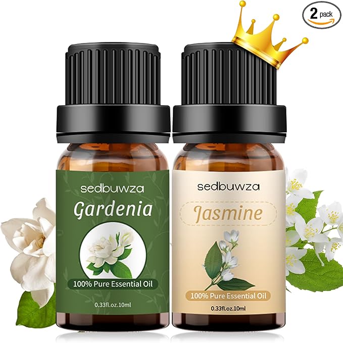 Sedbuwza Gardenia Jasmine Essential Oil Set, Gardenia Fragrance Oil Jasmine Scent Oil Set for Diffuser, Aromatherapy, Massage, Soap, Candle Making 2 x 10 ml Sedbuwza
