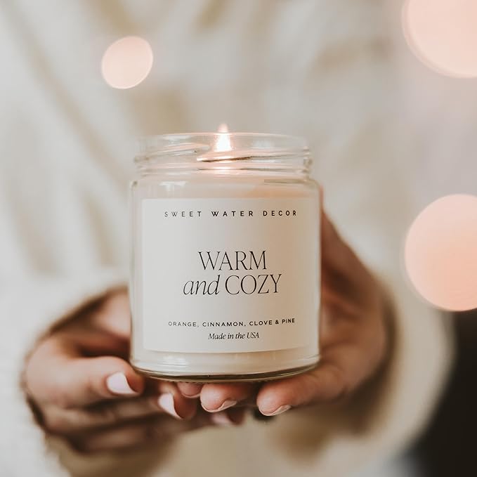 Sweet Water Decor Warm and Cozy Candle - Orange Peel, Cinnamon, Ginger and Clove Soy Winter Scented Candles for Home - 9oz Clear Jar + Gold Lid, 40+ Hour Burn Time, Made in The USA - Bloomnest