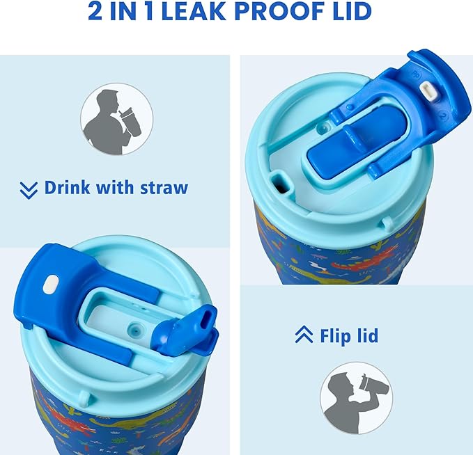 13.5oz Kids Insulated Tumbler with Lid and Straw, BPA-Free Stainless Steel Kids Water Bottle, Leak-Proof& Cupholder Friendly Tumbler for Boys & Girls -2 Pack(Dinasour+Game) - Bloomnest