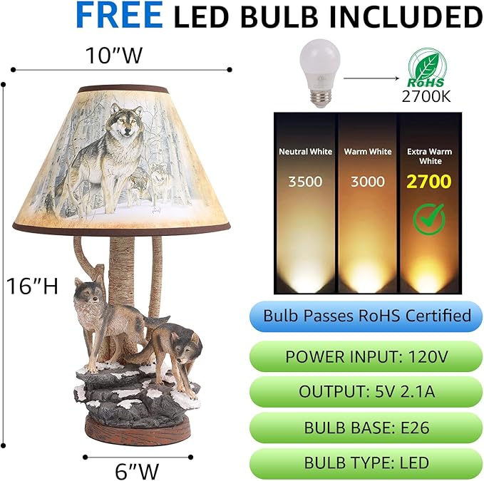 Forest Wolf Table lamp, Wildlife Side Table Lamp, Tradition Decor with lampshade (Includes Bulb), Nightlight for Cottage, Wooden Base for Bedside Table lamp, Rustic Farmhouse - Bloomnest