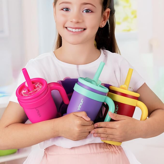 VINUR 14 oz Kids Tumbler with Handle Stainless Steel Double Wall Vacuum Insulated Tumbler Travel Water Drink Cup with Lid and Straw(Rose Pink) - Bloomnest