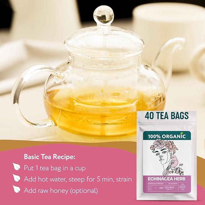 Echinacea Tea Organic (40 Tea Bags) - 100% Pure Natural Immunity Support - Equinacea Organica - Herbal Infusion - Caffeine-Free - Bloomnest