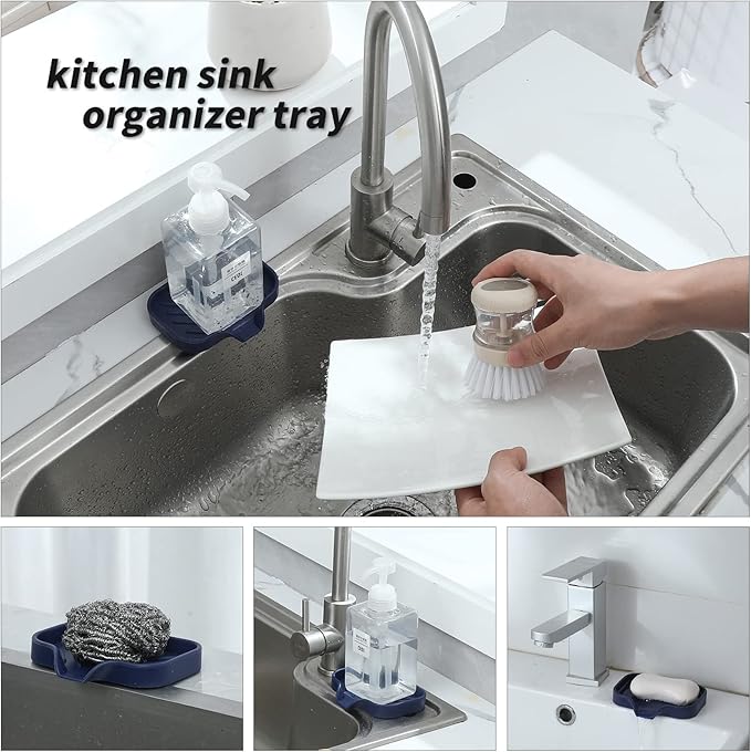 Silicone Bathroom Soap Dishes with Drain Spout-Kitchen Sink Organizer,Sponge Holder,Dish Soap Tray,Perfect for Dispenser,Scrubber,Bottle,Cup on Sink or Counter-Navy Blue 4.9"×3.2" - Bloomnest