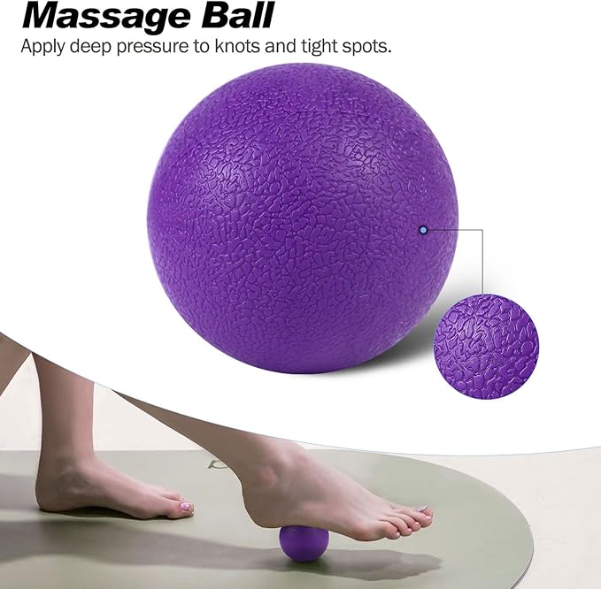 5 in 1 Foam Roller Set Trigger Point Foam Roller, Massage Roller Stick, Massage Ball, Stretching Strap for Deep Muscle Massage Pilates Yoga, Fitness Exercise for Whole Body (Purple Diamond)