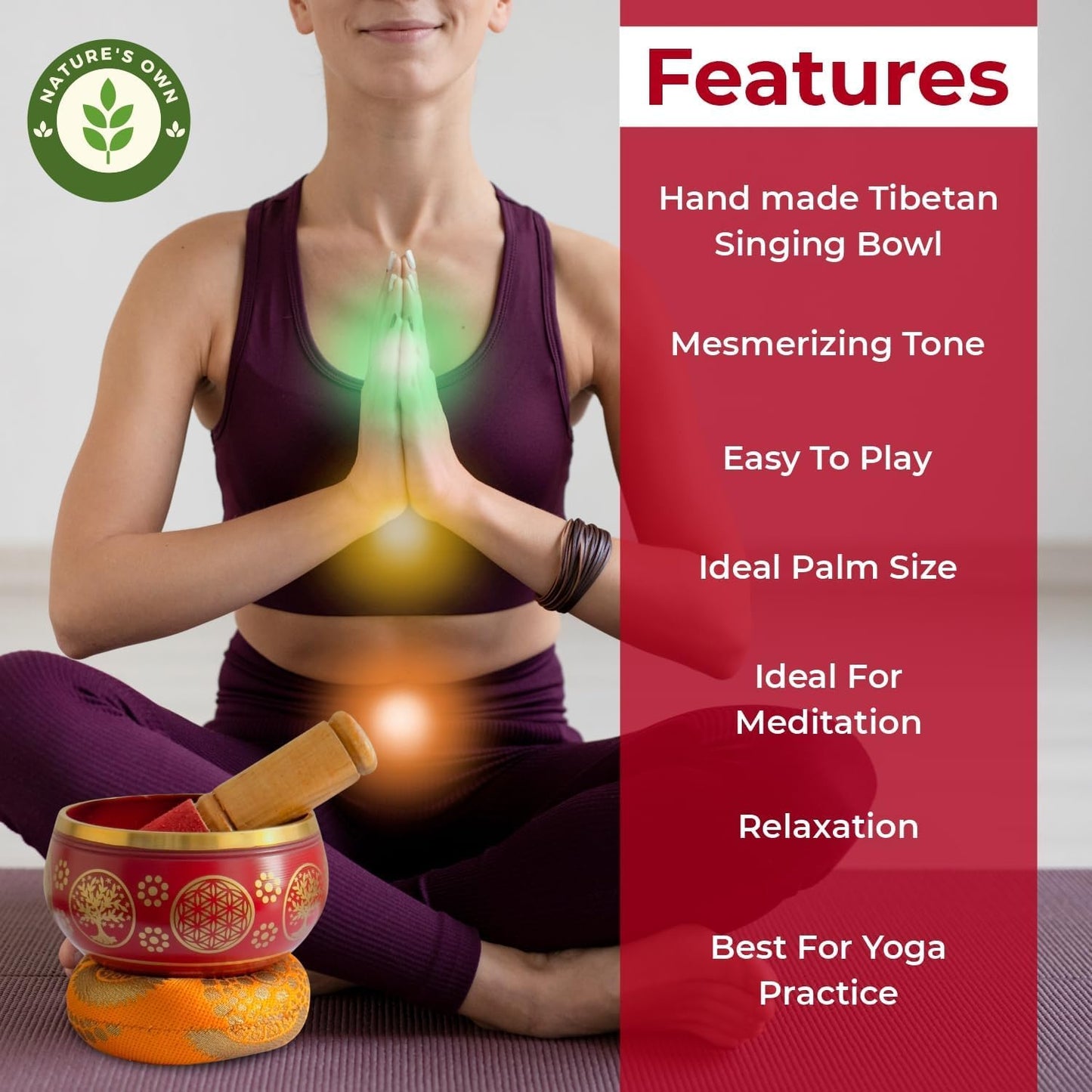 Nature’s Own Buddhist Tibetan Singing Bowl for Meditation - Authentic Metal OM Sound Bowl, Tibetan Prayer Instrument with Wooden Stick, Red 3.5 Inches - Deep Resonance for Healing & Relaxation