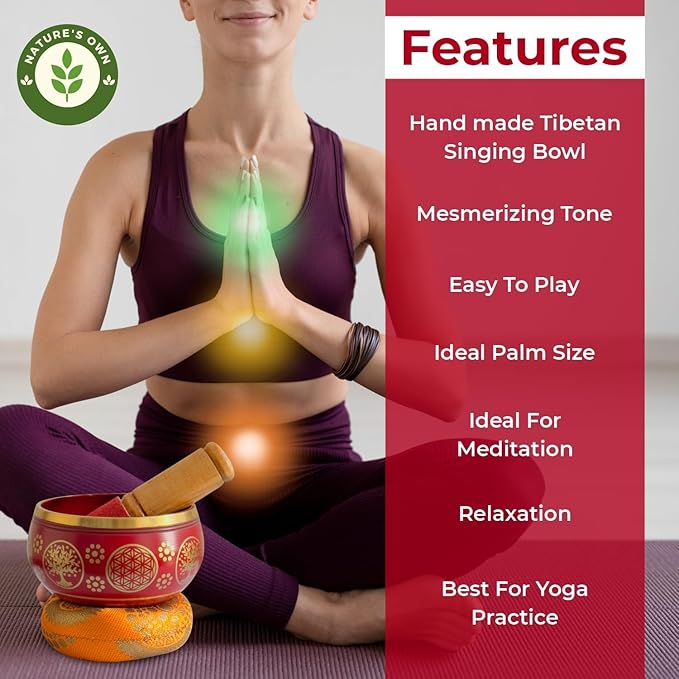 Nature’s Own Buddhist Tibetan Singing Bowl for Meditation - Authentic Metal OM Sound Bowl, Tibetan Prayer Instrument with Wooden Stick, Red 3.5 Inches - Deep Resonance for Healing & Relaxation - Bloomnest