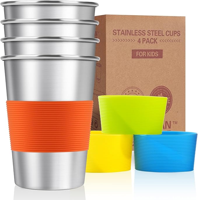 Stainless Steel Cups for Kids with Silicone Sleeves 7.8oz/230ml (4 Pack), Stainless Steel Tumbler, Kids Cups, Camping Stainless Steel Cups, Stackable Durable Metal Drinking Glasses, BPA Free - Bloomnest