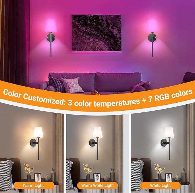 Battery Operated Wall Sconces Set Of 2, Wireless Battery Wall Light With 10000mAh RGB Rechargeable Magnetic Bulb, Rechargeable Wall Sconce With Remote Control For Bedroom, No Electrician Required - Bloomnest