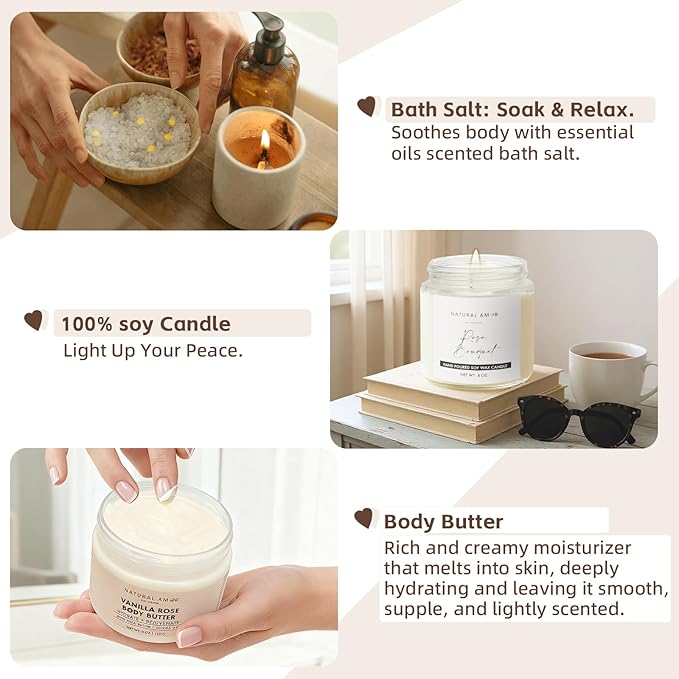Natural Amor Rose Spa Gift Set – 6 pcs Handmade Self-Care Kit with Body Butter, Bath Salt, Clay Mask, Candle, Jade Roller & Bear Headband – Relaxation Gift for Women - Bloomnest