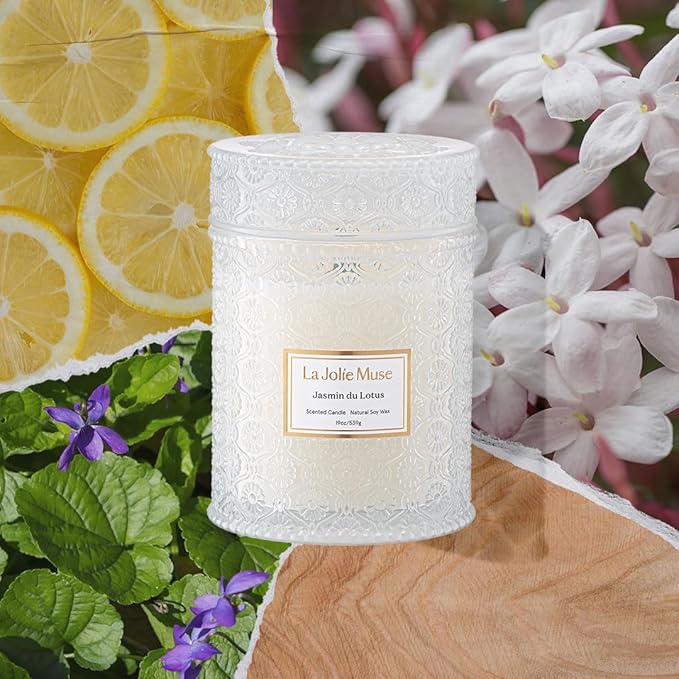 LA JOLIE MUSE Jasmin du Lotus Candle - Ivy, Jasmine, Cedarwood | 19 oz Large Wooden Wick Candle | Natural Soy Wax | 90 Hours Clean Burn | Gift-Ready for Hosts & Gatherings | Modern Home Decor - Bloomnest