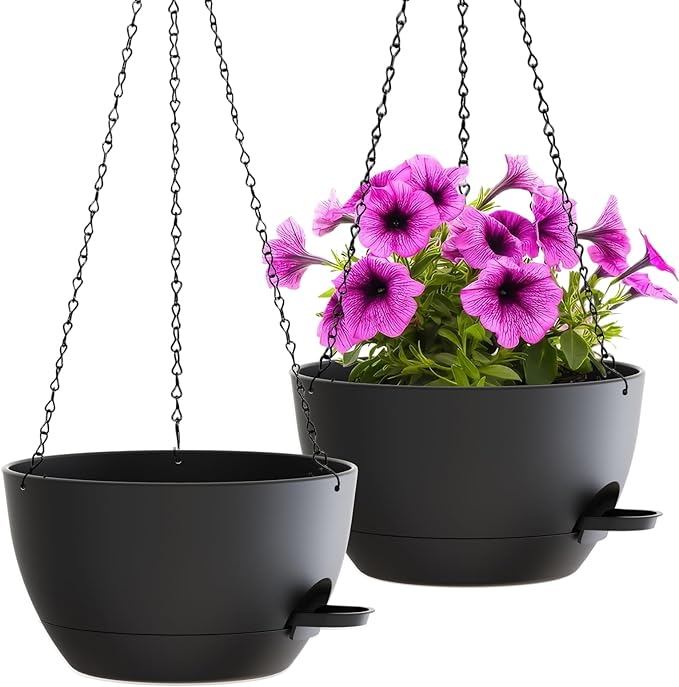 WOUSIWER Self Watering Hanging Planters, 2 Pack 12'' Plastic Pots with Drainage Holes & Reservoir Tray (Black) | Indoor & Outdoor Use for Ferns, Ivy, Herbs, Succulents - Bloomnest