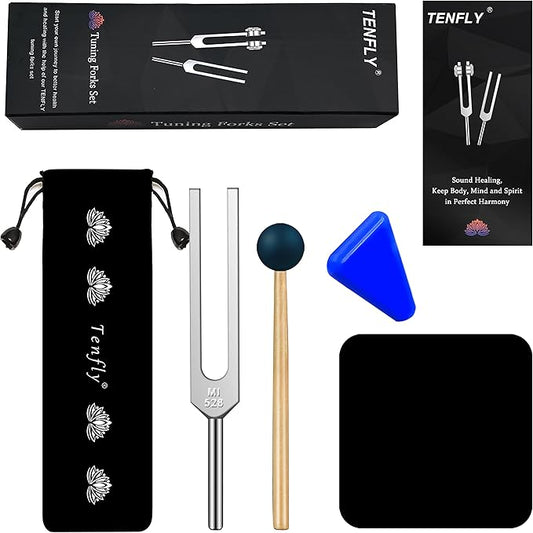 528 Hz Tuning Fork for Healing, DNA Repair, Reliever Stress and Perfect Musical Instrument, Frequency of Love, Silver, with Black Rubber Mallet, Triangular Silicone and Velvet Storage Bag - Bloomnest