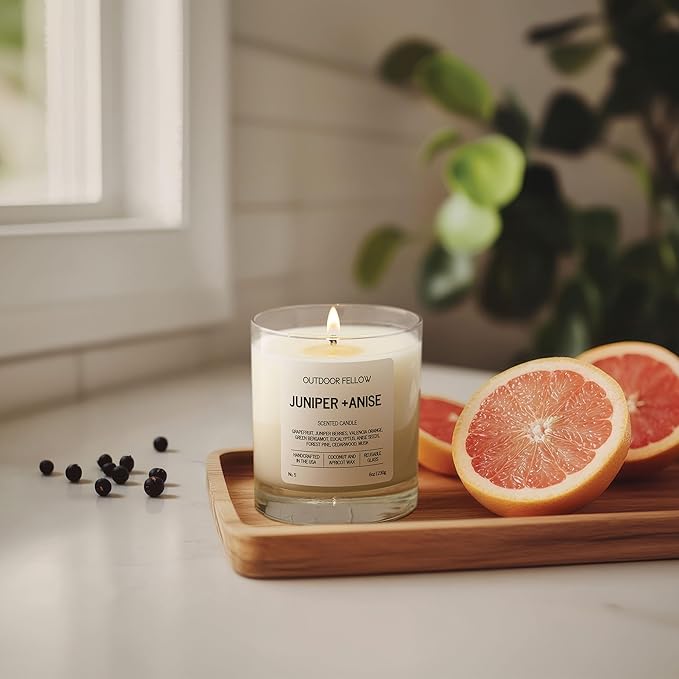 Outdoor Fellow Juniper + Anise Scented Candle, 8oz, Coconut & Apricot Wax Blend, Juniper Berry, Zesty Grapefruit, Citrus Peel, Reusable Glass, 40-50 Hour Burn Time - Bloomnest