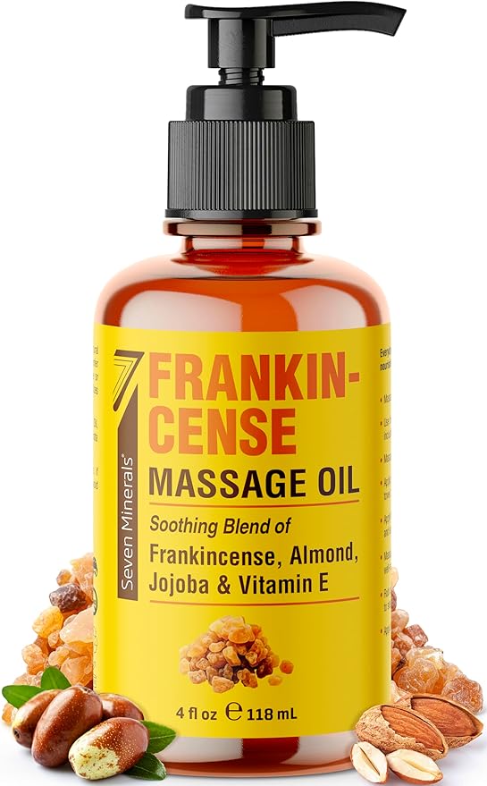 Seven Minerals Frankincense Massage Oil for Massage Therapy - 4oz - Ideal for Professional or at-Home Body Massage. Soothing Natural Blend of Almond, Jojoba & Vitamin E