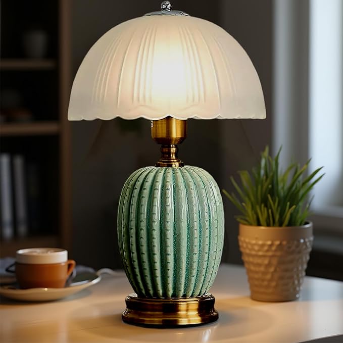 Large Table Light 3 Color Adjustable Ceramic Lamp Vintage Nightstand Lamps Dimmable Bedside Table Lamps for Living Room Bedroom Home Office (Green) - Bloomnest