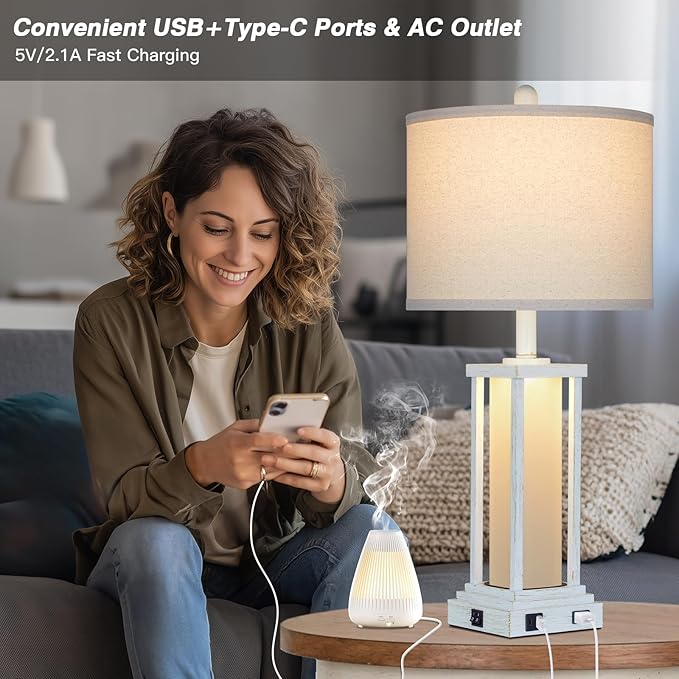 27" Tall Vintage Table Lamp Set of 2 with USB C+A & Outlet,Nightstand Lamp for Living Room,Bedside Lamps with Frosted Glass Night Light for Bedroom Entryway,White - Bloomnest