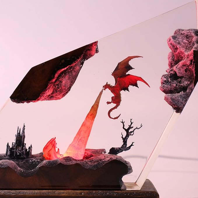Handmade 3D Ocean Resin Lamp, Epoxy Ocean Night Light with Wooden Base, LED Color Changing Table Lamp, USB Powered Dragons Decor, Unique Ocean Gift for Bedroom & Home Office (Fire Dragon) - Bloomnest