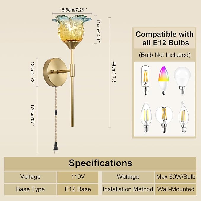 2 Pack Plug in Gold Wall Sconce with Modern Flower Glass Shades, Modern Mid Century Bathroom Vanity Wall Light Fixtures, Industrial Brushed Brass Wall Lamp, for Bedroom Mirror Living Room - Bloomnest