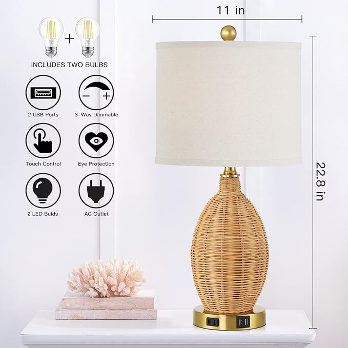 Touch Control Rattan Table Lamps, 3 Way Dimmable Bedside Lamps for Bedroom Set of 2 with 2 USB Ports and AC Outlet, Gold Wicker Nightstand Lamps for Living Room Office (LED Bulbs Included) - Bloomnest