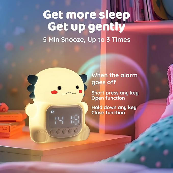 Axolotl Alarm Clock with Night Light for Kids, Rechargeable Silicone Lamp Time to Wake Clock Cute Animal Tabletop Lamp, Perfect Sleep Companion for Boys Girls, White - Bloomnest