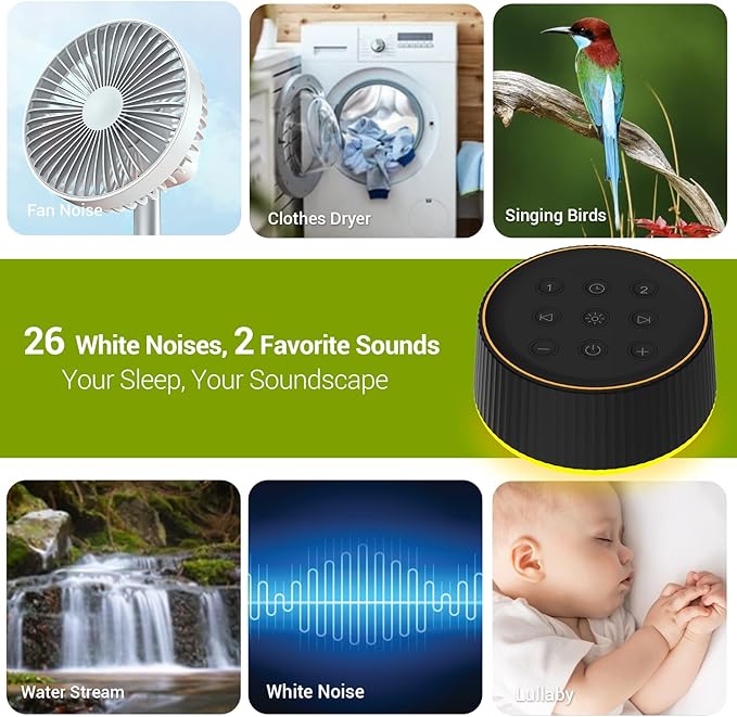 BGOVERSS White Sound Machine with 26 Soothing Sounds, 10 Colors Night Light Noise Machine for Adults Baby Kids, Sleep Machines with 6 Timers Portable Plug for Baby, Adults, Home Office Travel, Black - Bloomnest
