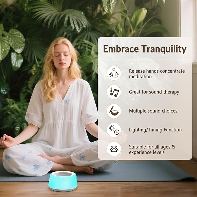 Kipcush Tibetan Singing Bowls Sound Machine - 11 Different Sized Sound Bowls with Night Light for Yoga, Meditation, Mindfulness, Healing, Chakra Healing and Stress Relief, Timer, Plug in - Bloomnest