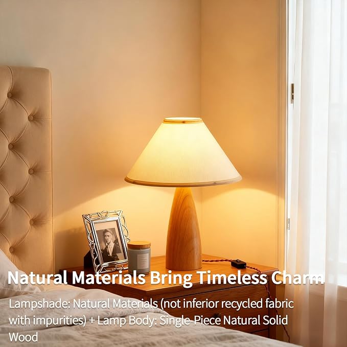 Bedside Table Lamp for Bedroom, Mid-Century Modern Plug in Fabric Shade & Solid Wood Base Desk Lamp, Plug & Play Natural Wood Nightstand Lamp for Living Room, Office, Switch Power Cord 【Bulb Included】 - Bloomnest