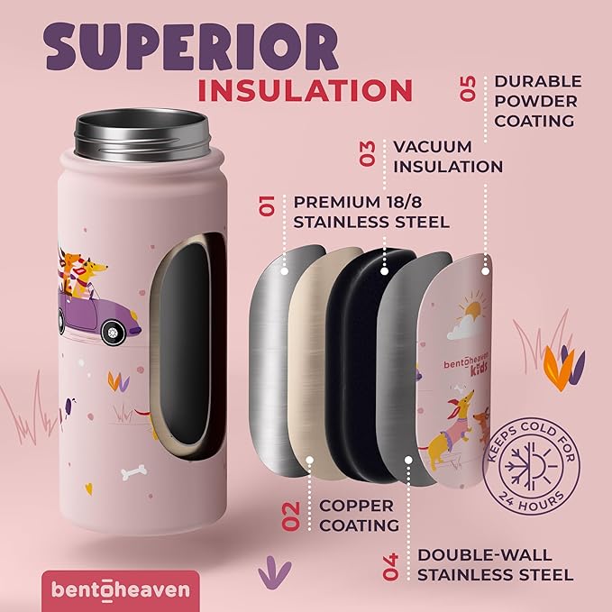 Bentoheaven Kids Water Bottle Stainless Steel for Boys & Girls, 2 Lids (Chug & Straw), Handle & Silicone Boot, Reusable Metal Leak-proof Insulated Tumbler, School & Sports 17oz (Pink) - Bloomnest