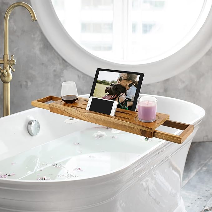 Teak Bathtub Tray Caddy - Expandable Bath Tray - Adjustable Organizer Tray for Bathroom - Luxury Bath Caddy Tub Table, Bathtub Accessories & Bathroom Gadgets - Bloomnest