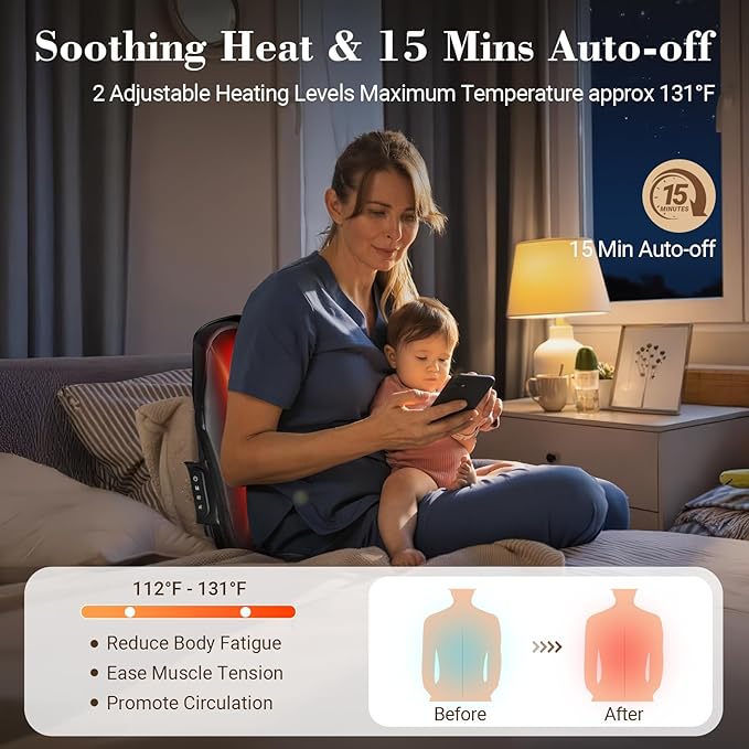 Cordless Shiatsu Back Massager - Lower Back Massager for Pain Relief Deep Tissue, Movable Massage Head, Lumbar Massager with Heat, Rechargeable Massager - Bloomnest