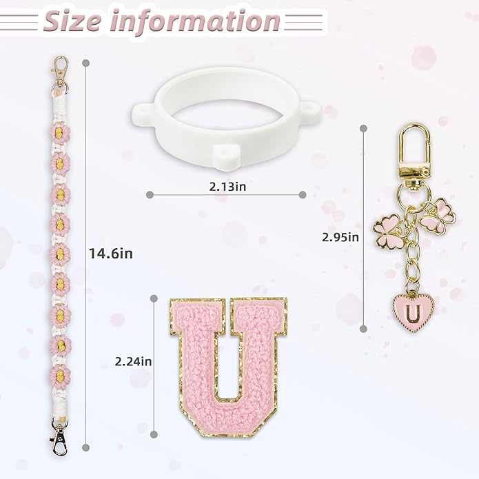 Compatible with Owala Water Bottle Accessories, Cute Letter Charm Set with Boho Handle Strap, Monogram Sticker, Silicone Ring, Keychain Decoration, for FreeSip 24 32 40oz, Owala Kids, Tumbler Gift SITKOL