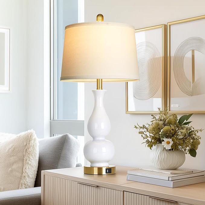 27" Double Gourd Ceramic Lamp Single, Modern White Bedside Table Lamps with USB A+C Ports, Classic Bedroom Lamp for Nightstand, Chinoiserie Lamps for Living Room Side End Table Desk Home Decor - Bloomnest