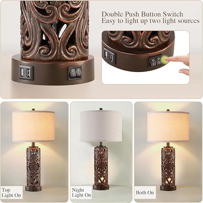 Farmhouse Table Lamps Set of 2, Vintage Lamp for Living Room and 2 USB Ports Bedside Lamp with Nightlight for Bedroom, Dark Brown Hollow Out Resin Nightstand Lamp, 2 Bulbs Included - Bloomnest