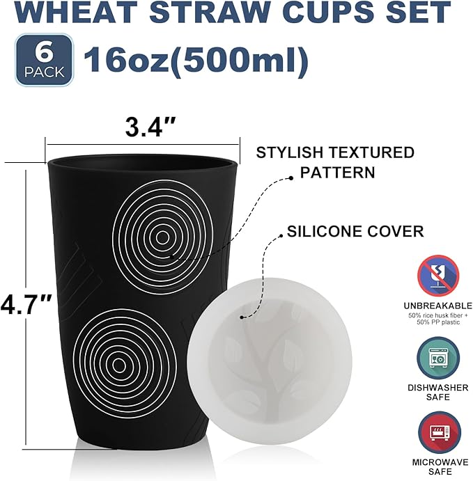Wrova Wheat Straw Cups 16oz Set of 8 with Silicone Covers - Alternative Plastic Cups Reusable- Microwave & Dishwasher Safe - Unbreakable Plastic Drinking Cups for Camping - Black - Bloomnest