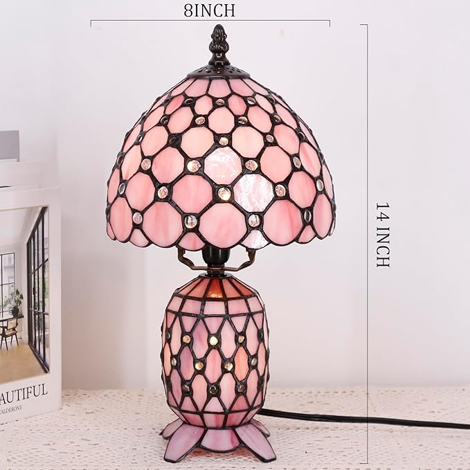 Small Tiffany Lamp Stained Glass Table Lamp Mini Mother Daughter Vase Desk Accent Night Light for Bedroom Bedside Reading Home Antique Style 8X14 Inches (Pink) - Bloomnest
