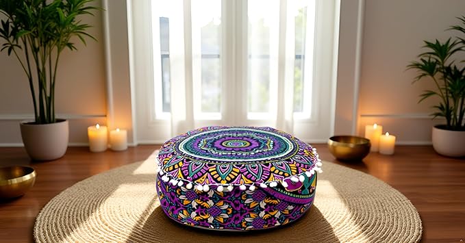 INDIAN CRAFT CASTLE ICC Floor Pillows & Cushion Covers Decorative Hippie Mandala Pouf Pillow Covers Seating Meditation Cushion Cover Large Boho Ottoman Case Pillowcase Couch New Pink, 16" Round - Bloomnest
