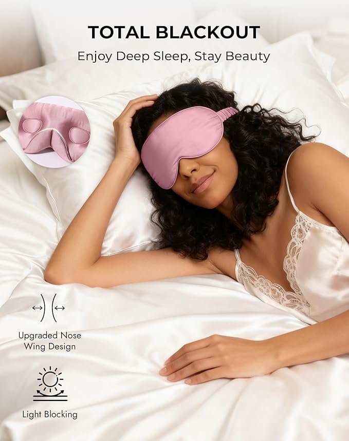SilkSilky 100% 22 Momme Mulberry Silk Sleep Mask – Upgraded 3D Contoured Eye Mask with Nose Wing Pads & Adjustable Strap, Luxury Blackout Eye Cover for Women & Men (Pale Mauve) - Bloomnest