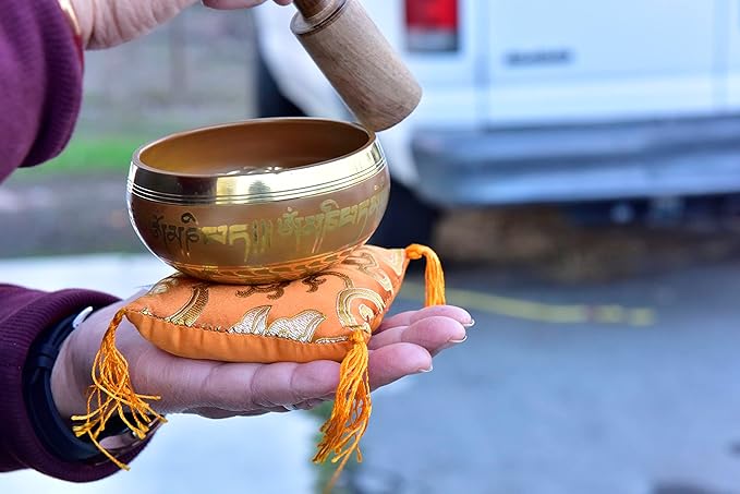 3.75" Tibetan Meditation Yoga Singing Bowl Green Set with free Wooden Mallet and Silk Cushion from Nepal, Singing bowls. (Orange) - Bloomnest