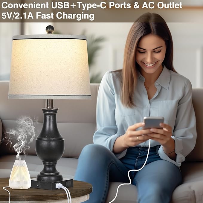 Table Lamps for Living Room Set of 2, Farmhouse Vintage Table Lamp with USB A+C Charging Ports & AC Outlet, 25" Black Rustic Traditional Lamps for Bedroom Nightstand Desk(2 LED Bulbs Included) - Bloomnest