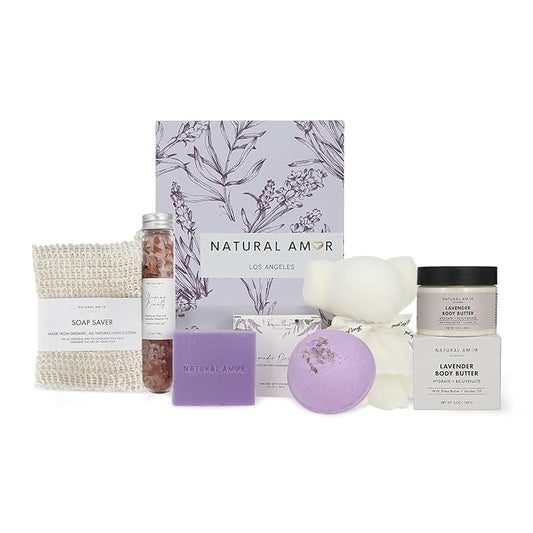 Natural Amor Lavender Spa Gift Set 6 PCs– Handmade Self-Care Box with Body Butter, Bath Bomb, Soap, Bath Salt, and More – Relaxing Lavender Gift for Women - Bloomnest
