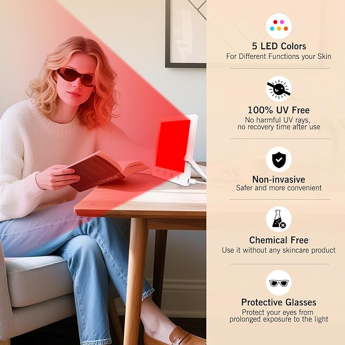 Red LED Light Therapy Lamp for Face, 5-Color Facial Beauty Device with 630nm & 850nm Near Infrared Red Light Therapy for Desk with Adjustable Stand, Timer and Protective Glasses, Home and Travel Use Bloomnest