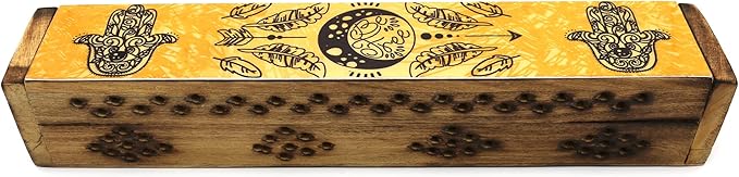 SOUL STICKS Handmade Carved Incense Burner Wooden Coffin Box with Storage Includes Go Away Evil Incense Sticks (Yellow Hamsa Hand) - Bloomnest