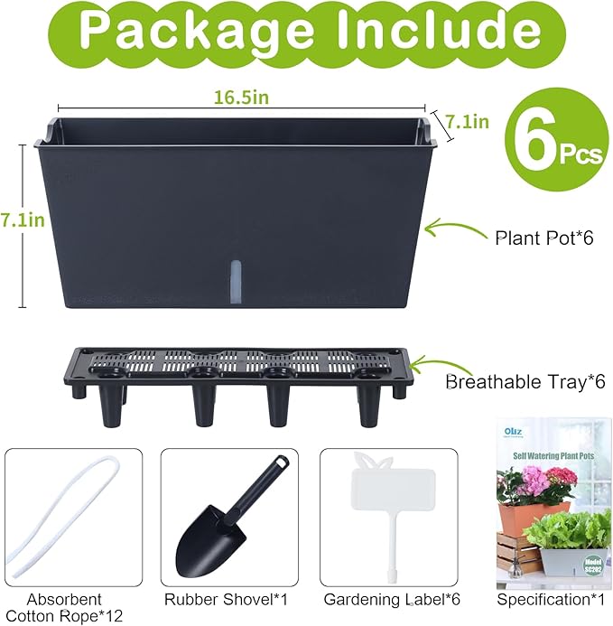 Window Box Planter 6 Pcs, 16.5 Inches Self Watering Rectangle Flower Plant Pots with Drainage Holes Trays, Vegetable Planters for Windowsill Patio Garden Balcony Porch Yard (Black) - Bloomnest