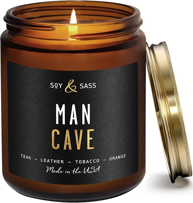 Man Cave Candle I Scented Black Candles for Men - Rich Teakwood & Tobacco Soy Wax Mens Candle - Infused w/Essential Oils | Masculine Manly Candles for Men I 50Hr Burn, 9oz I Non Toxic I Made in USA - Bloomnest